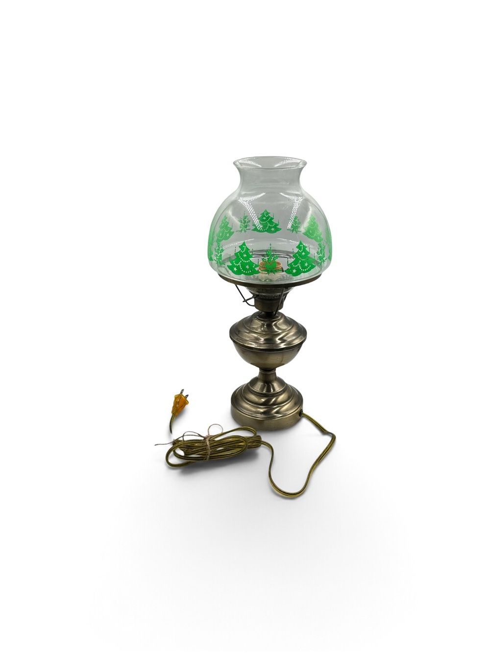 Vintage 1960s Christmas Electric Hurricane Oil Style Lamp Green Tree Glass Globe